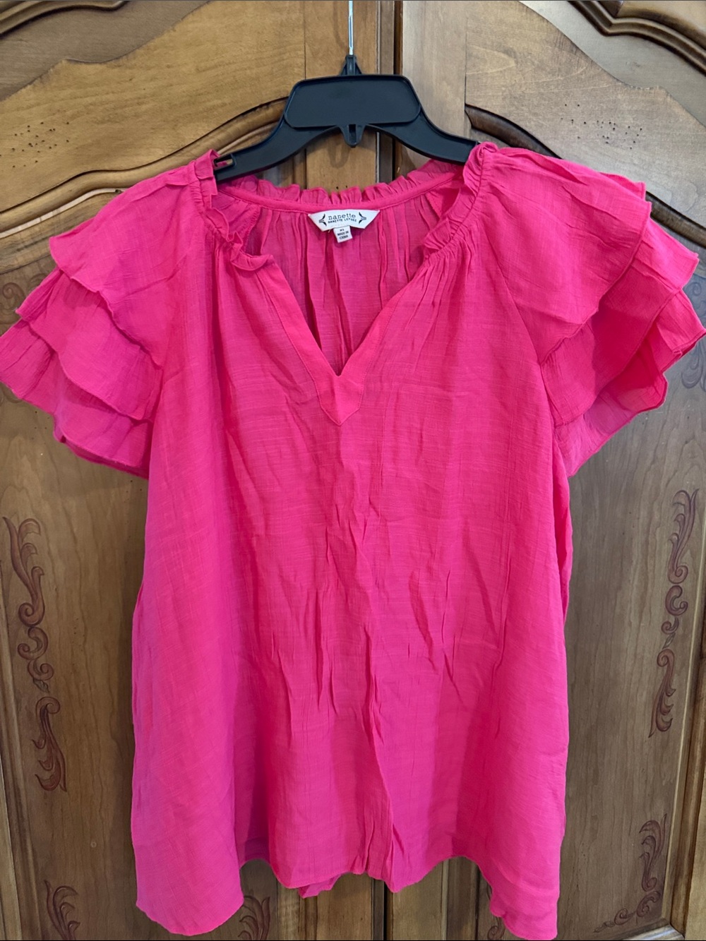 Nanette Lepore Hot Pink Ruffle Sleeve V-Neck Blouse